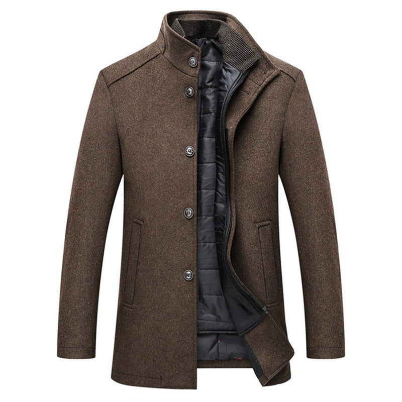 Men's structured padded coat with stand collar, buttons, zip fastening and side pockets