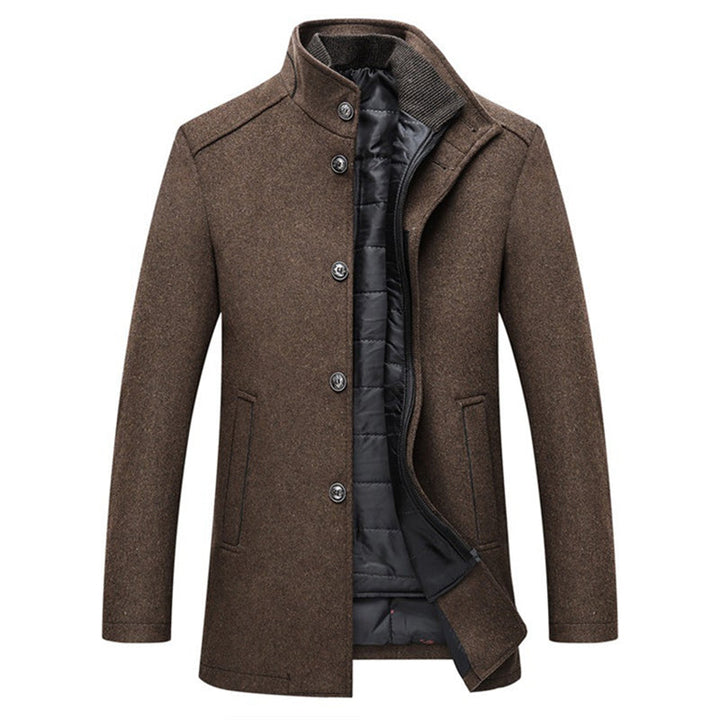 Men's structured padded coat with stand collar, buttons, zip fastening and side pockets