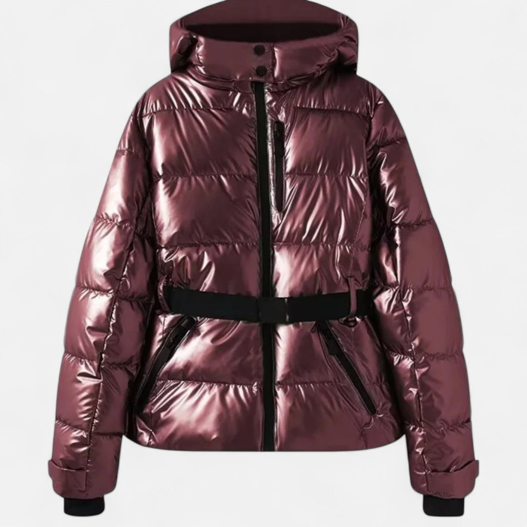 Women's quilted hooded jacket with belted waist and long sleeves