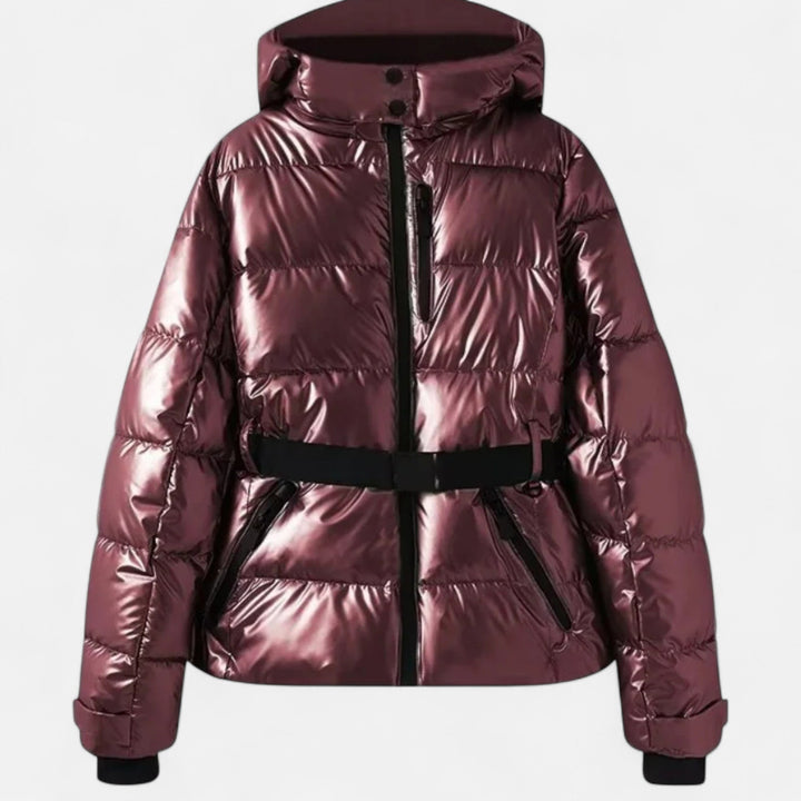 Women's quilted hooded jacket with belted waist and long sleeves