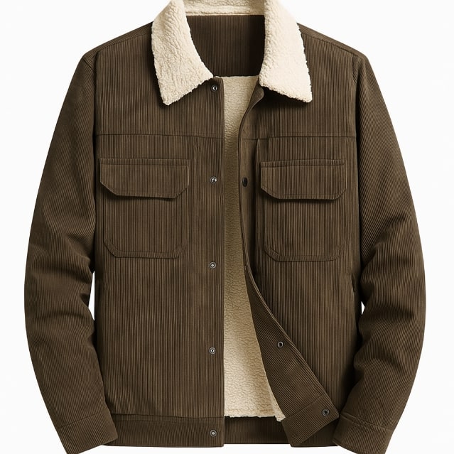 Men's corduroy jacket with textured collar, snap fastening and flap pockets