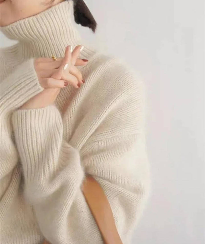 Women's plain turtleneck knit sweater with long sleeves