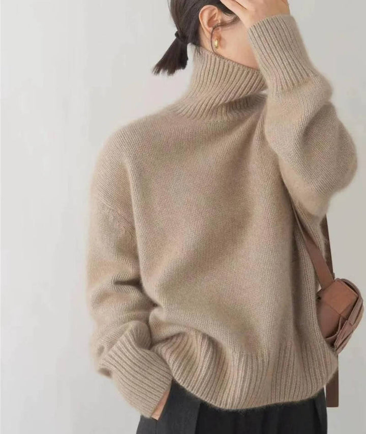 Women's plain turtleneck knit sweater with long sleeves