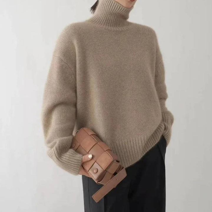 Women's plain turtleneck knit sweater with long sleeves