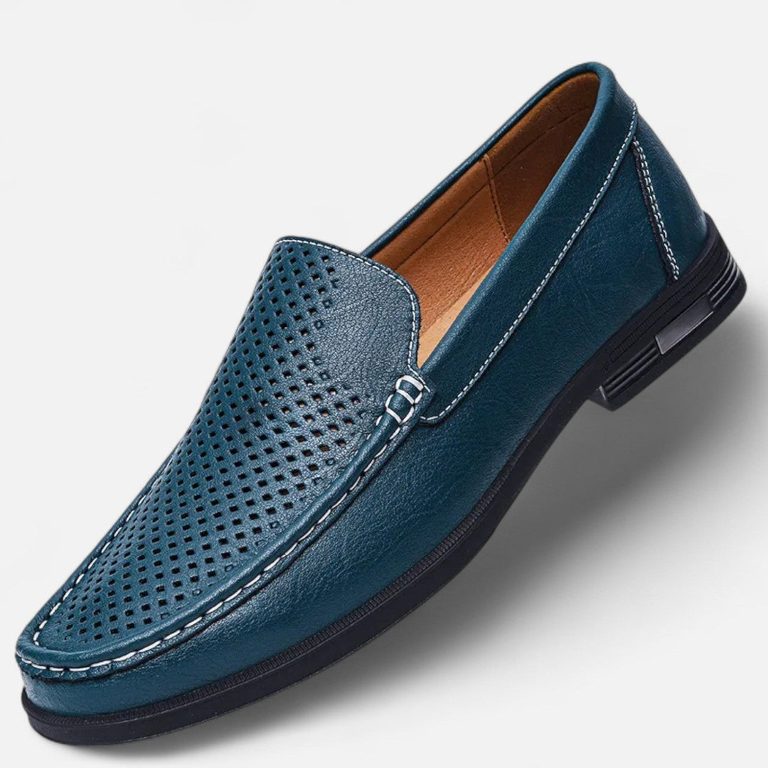 Men's slip-on loafers with perforated moc toe and low heel