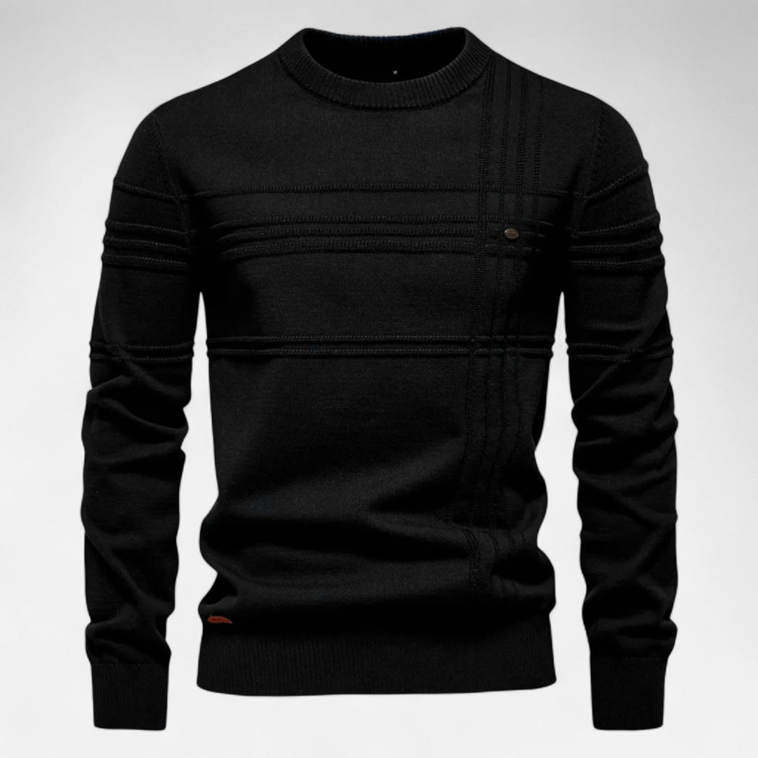 Men's long-sleeve striped crew neck sweater with ribbed trims