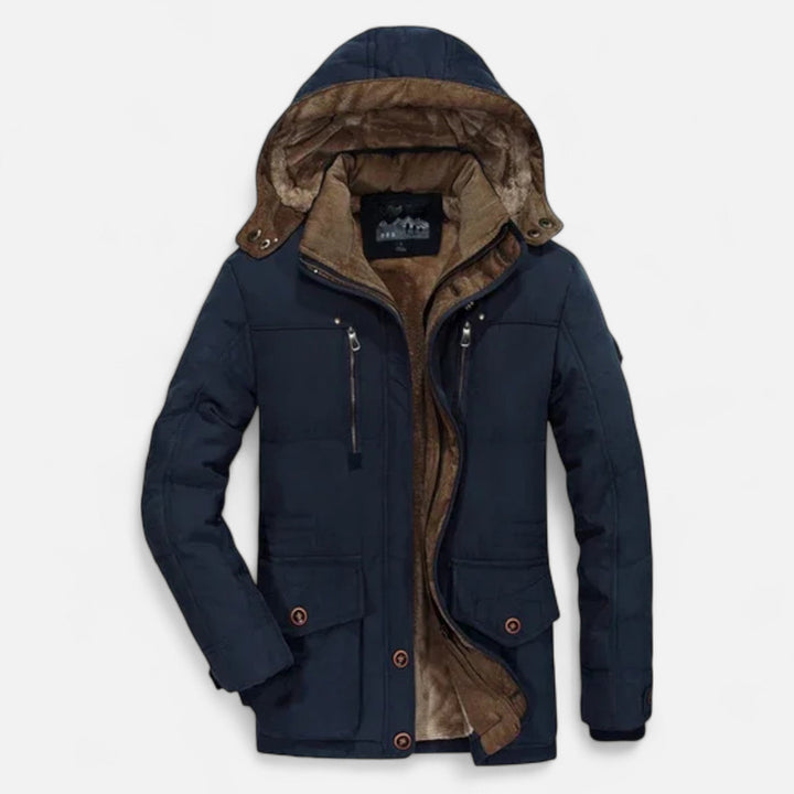 Men's hooded quilted parka with multiple pockets
