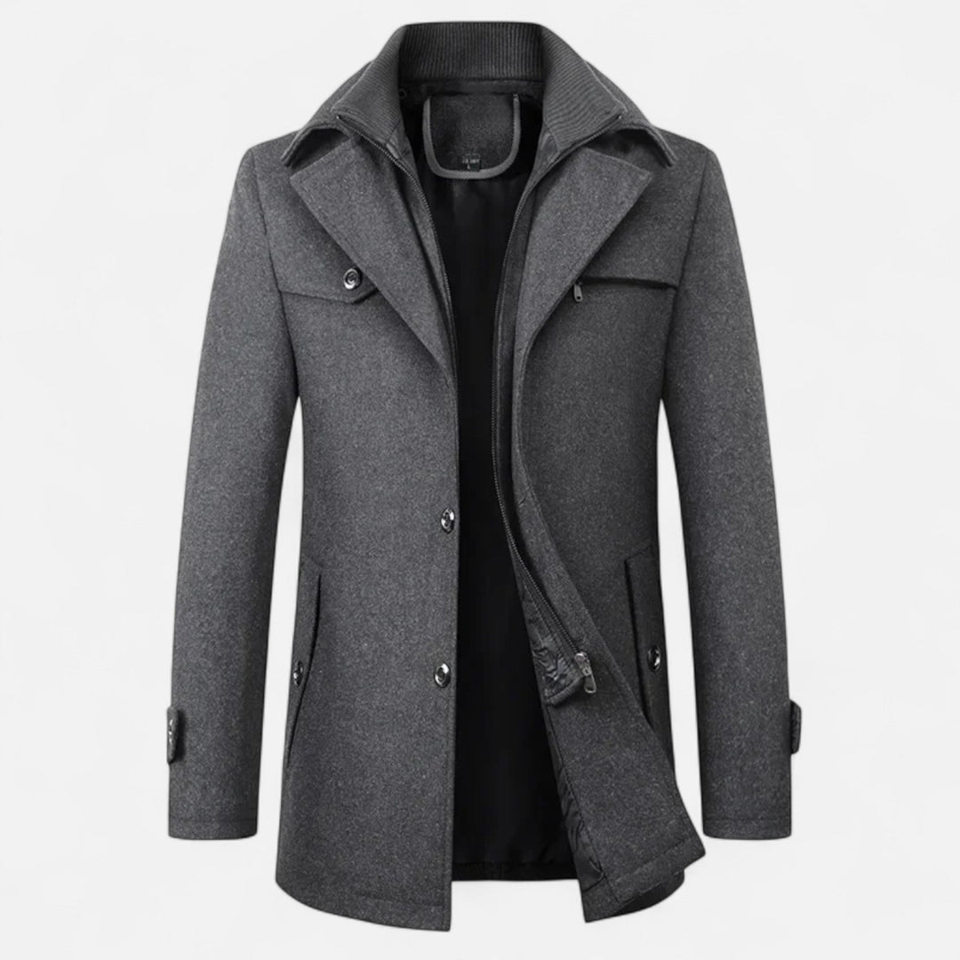 Men's longline coat with stand collar, lapels, buttons, zip front and multiple pockets