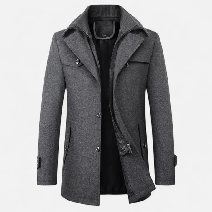 Men's longline coat with stand collar, lapels, buttons, zip front and multiple pockets