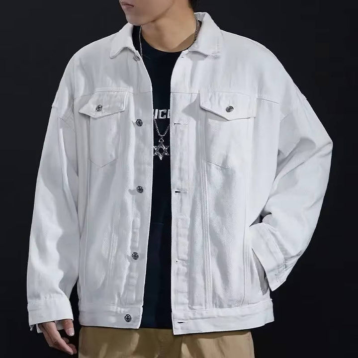 Men's button-front denim jacket with flap chest pockets and long sleeves
