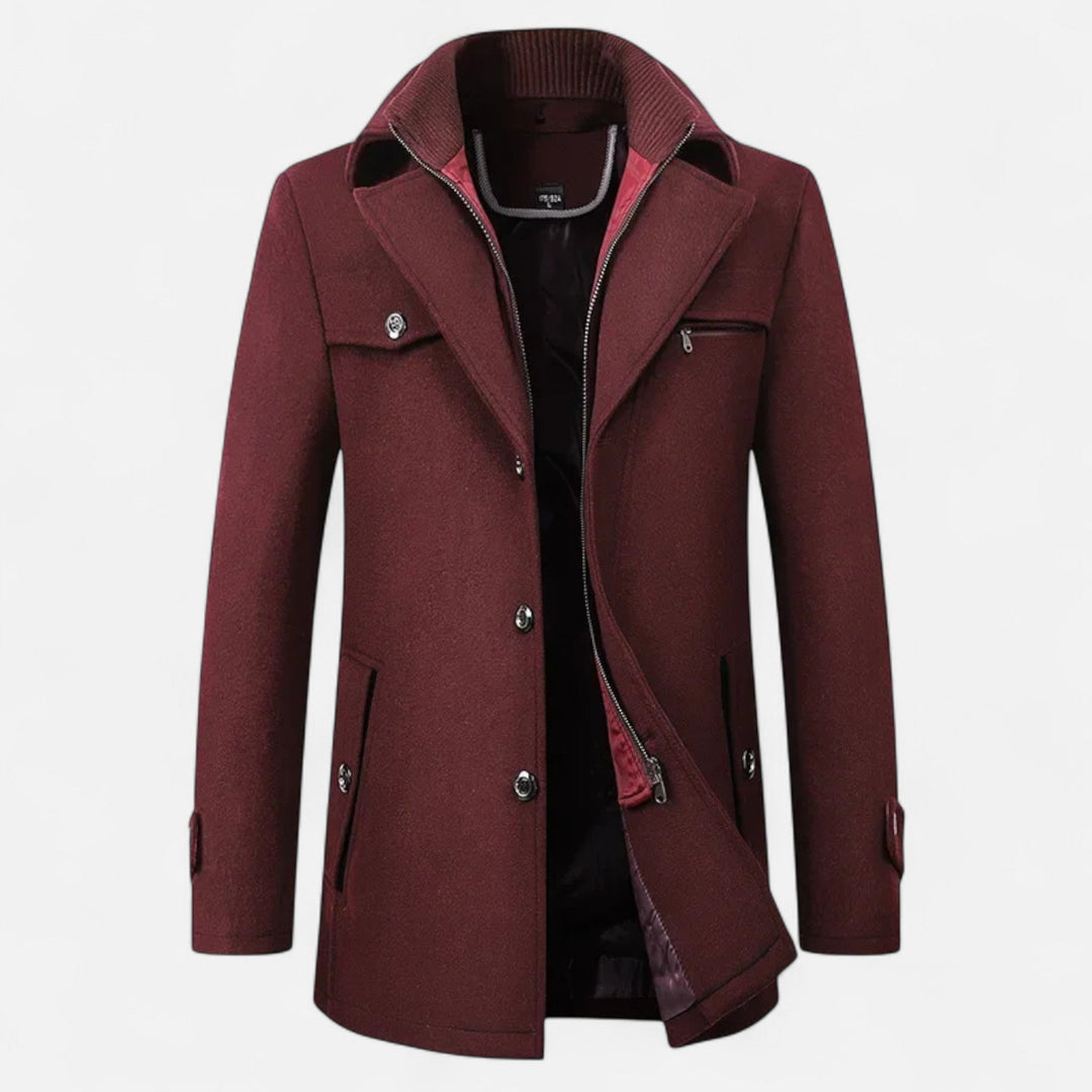 Men's longline coat with stand collar, lapels, buttons, zip front and multiple pockets