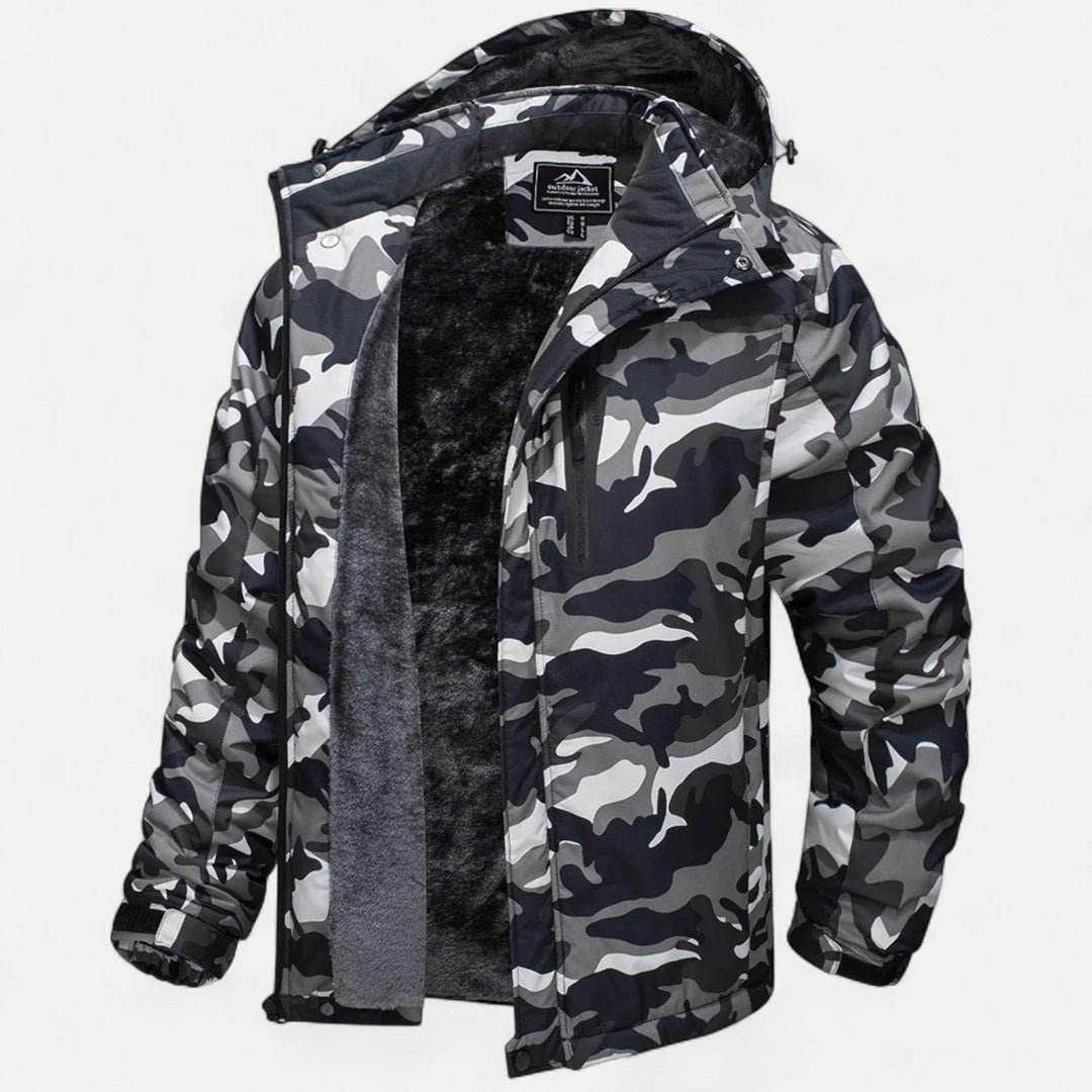Men's camouflage hooded parka with dark pile-style lining