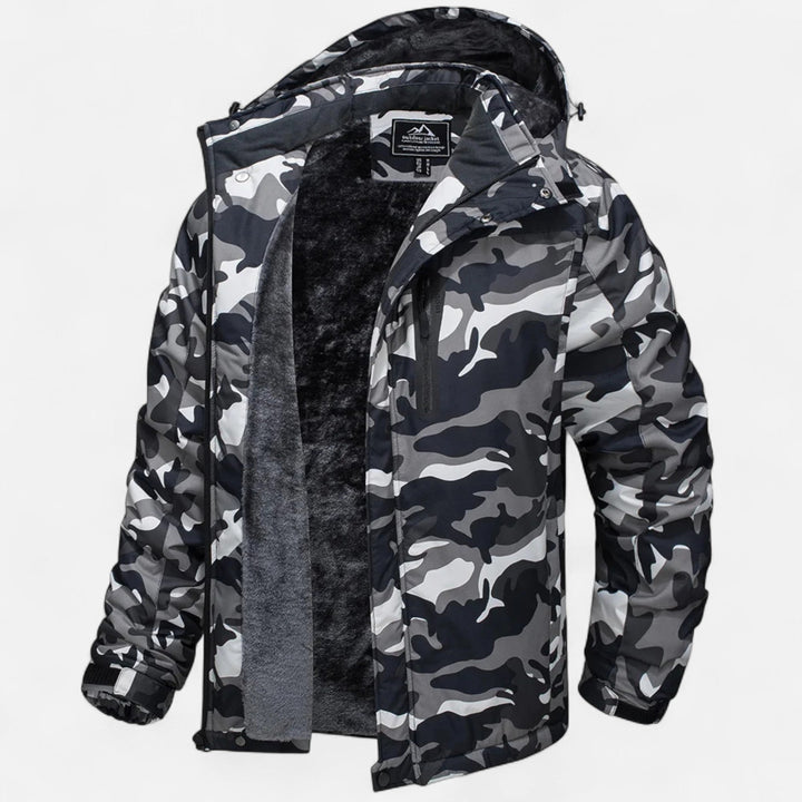 Men's camouflage hooded parka with dark pile-style lining