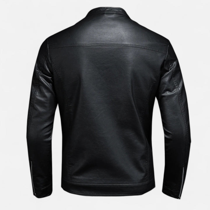 Men's black slim fit biker jacket with stand collar and zips