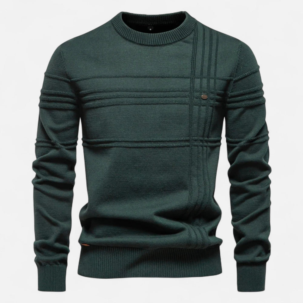 Men's long-sleeve striped crew neck sweater with ribbed trims
