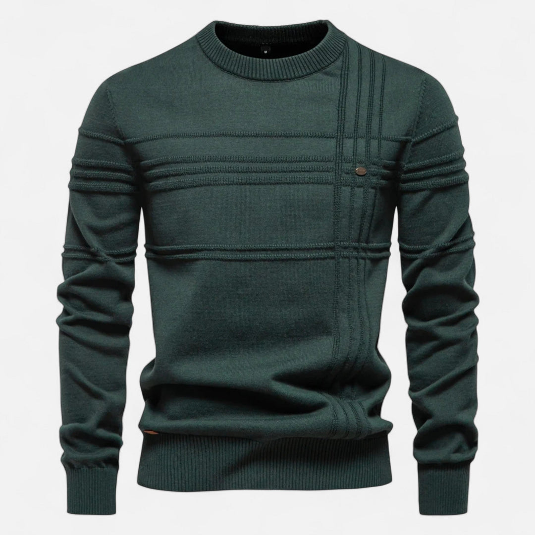 Men's long-sleeve striped crew neck sweater with ribbed trims