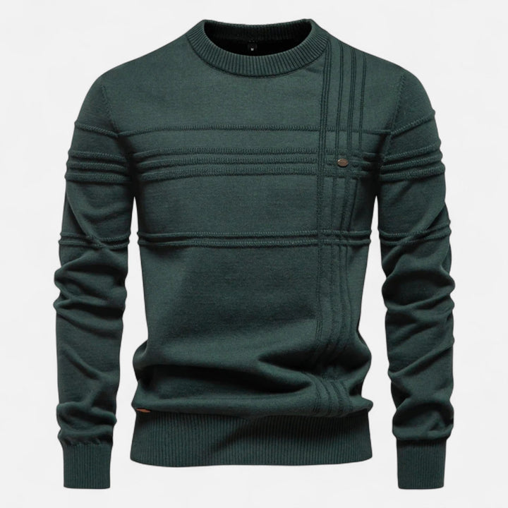Men's long-sleeve striped crew neck sweater with ribbed trims