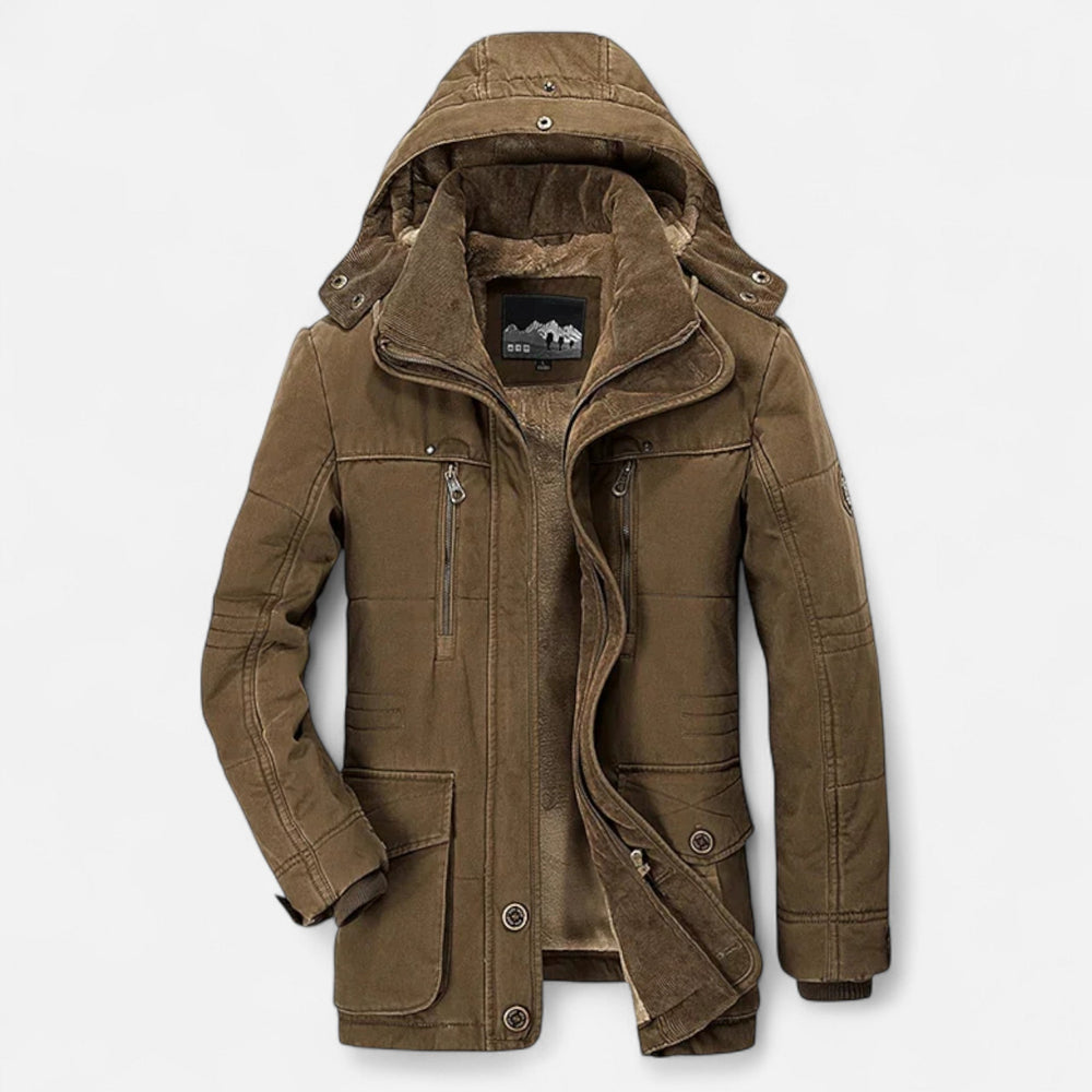 Men's hooded quilted parka with multiple pockets