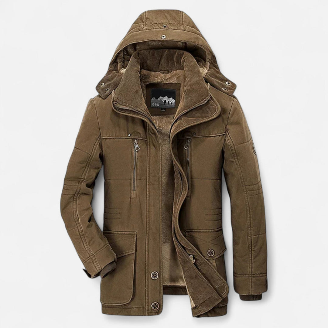 Men's hooded quilted parka with multiple pockets