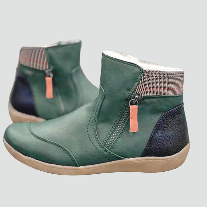 Women's panelled ankle boots with side zippers and checked ankle trim