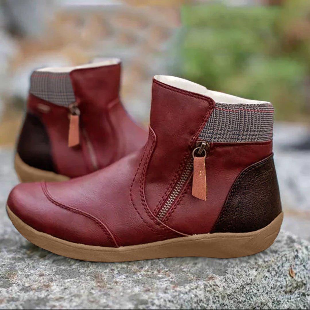 Women's panelled ankle boots with side zippers and checked ankle trim