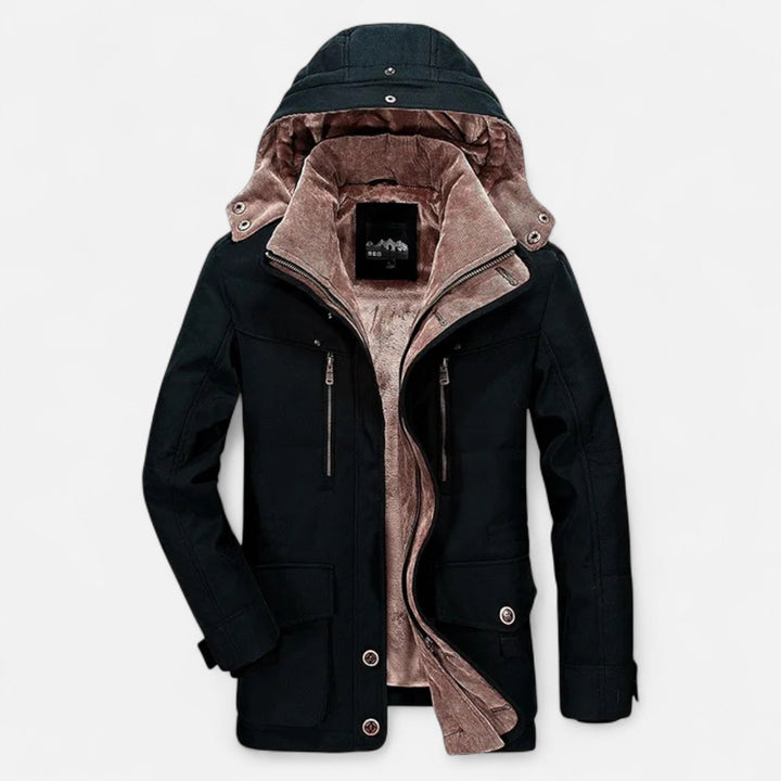 Men's hooded quilted parka with multiple pockets