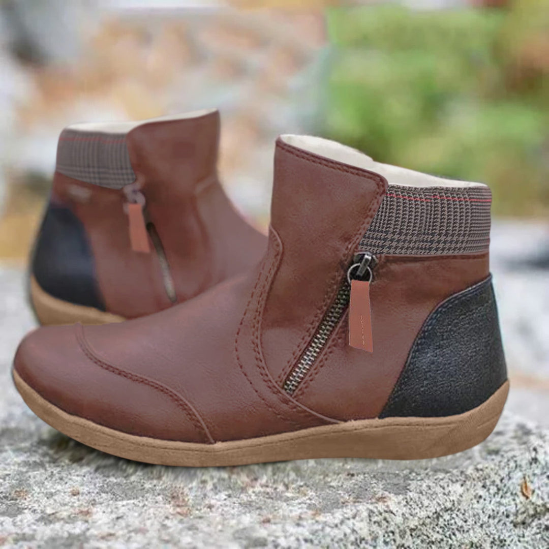 Women's panelled ankle boots with side zippers and checked ankle trim