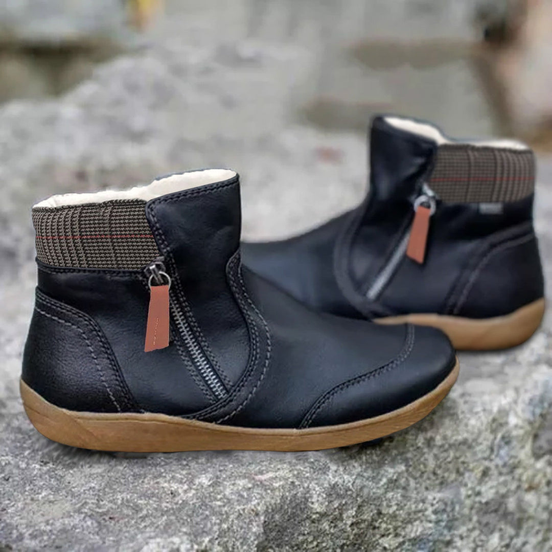 Women's panelled ankle boots with side zippers and checked ankle trim