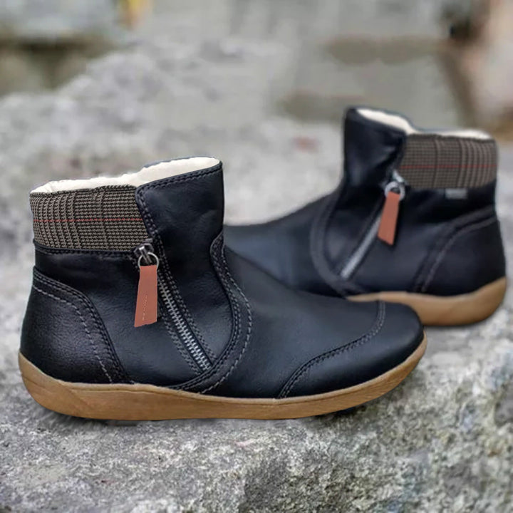 Women's panelled ankle boots with side zippers and checked ankle trim