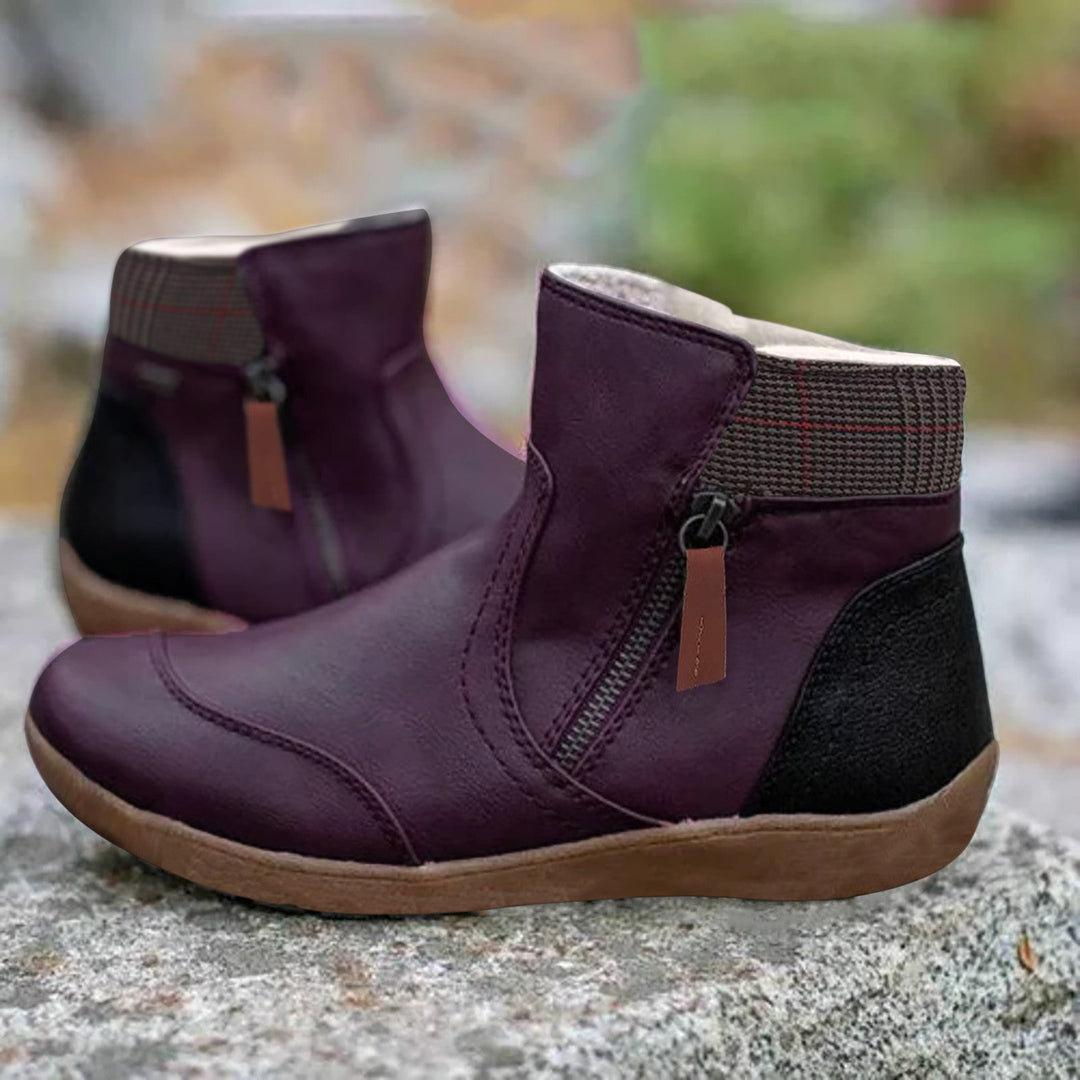 Women's panelled ankle boots with side zippers and checked ankle trim