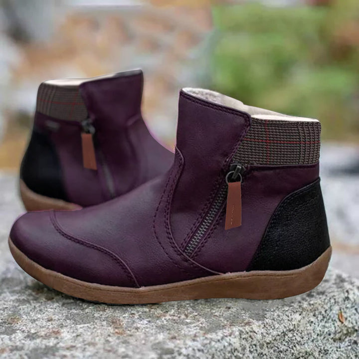 Women's panelled ankle boots with side zippers and checked ankle trim