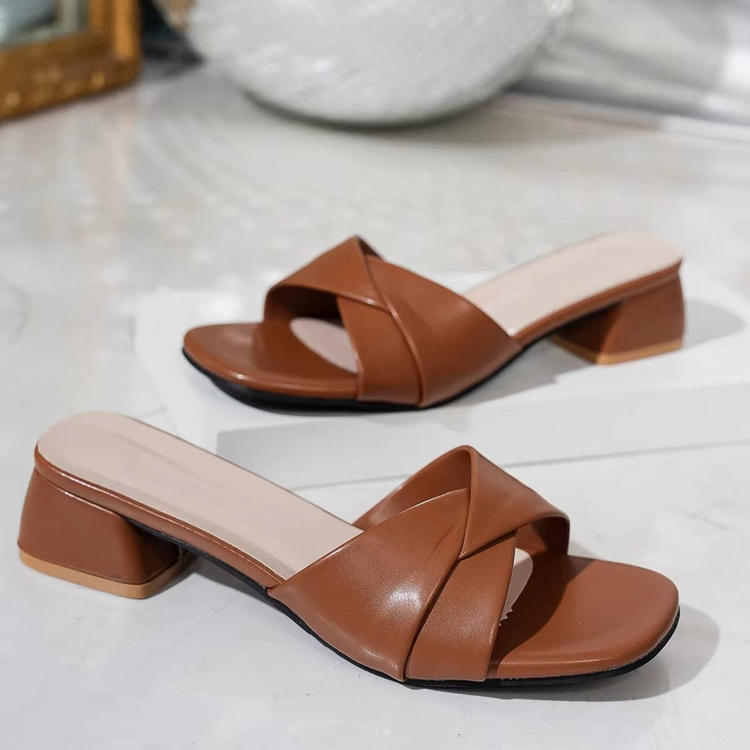 Clezza | Women's Block Heel Slide Sandals Crossover Strap Open Toe