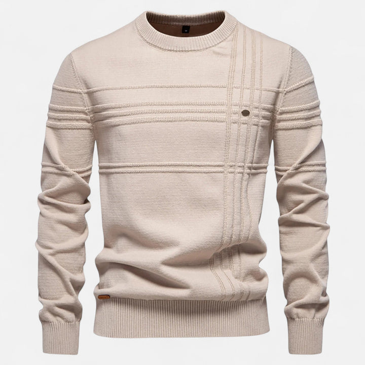 Men's long-sleeve striped crew neck sweater with ribbed trims