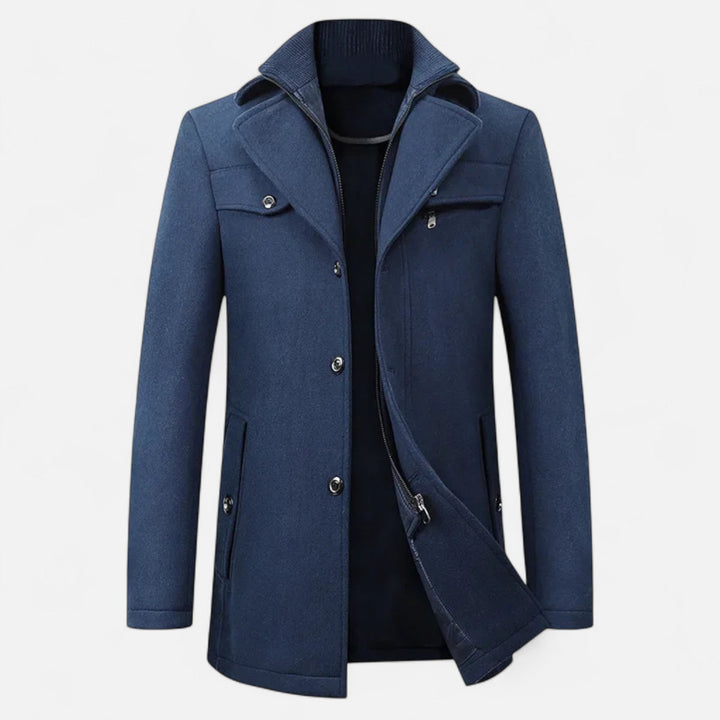 Men's longline coat with stand collar, lapels, buttons, zip front and multiple pockets