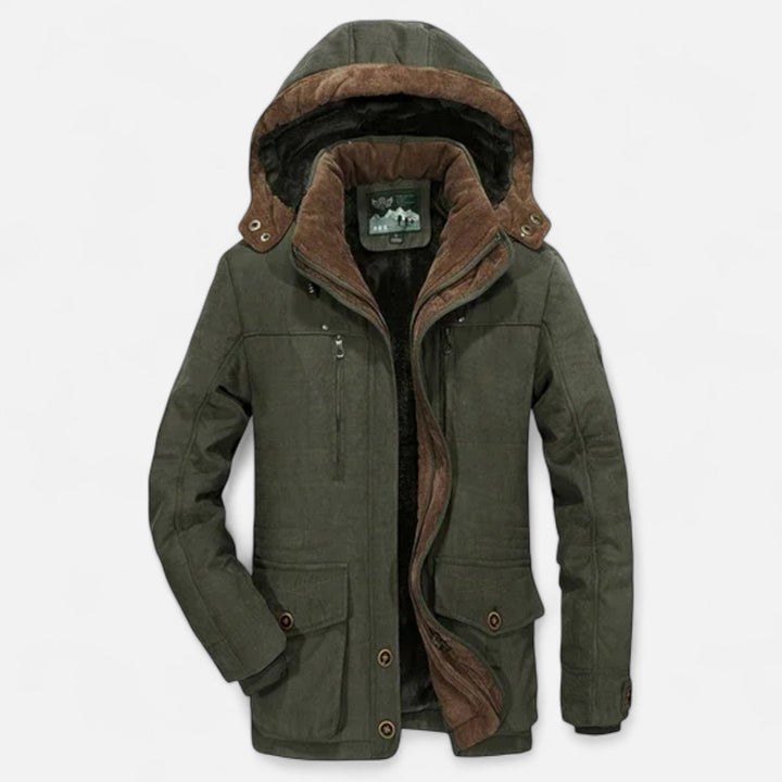 Men's hooded quilted parka with multiple pockets