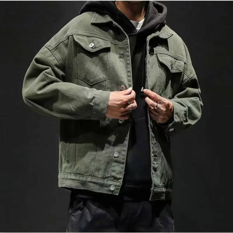 Men's button-front denim jacket with flap chest pockets and long sleeves
