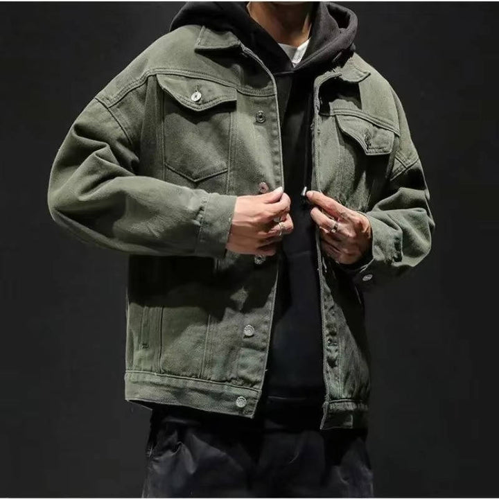 Men's button-front denim jacket with flap chest pockets and long sleeves