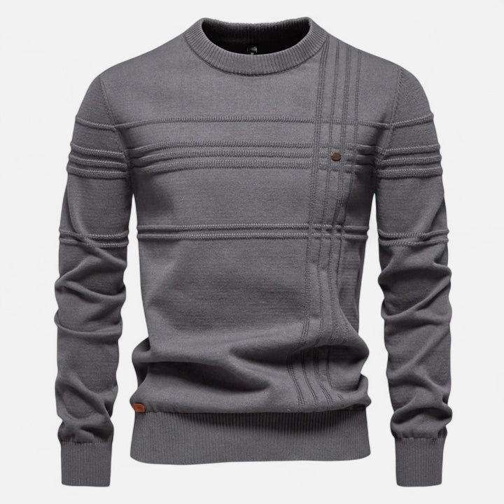 Men's long-sleeve striped crew neck sweater with ribbed trims