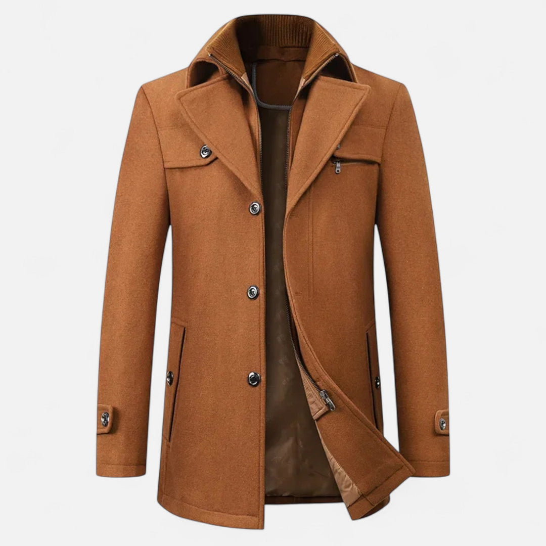 Men's longline coat with stand collar, lapels, buttons, zip front and multiple pockets