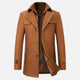 Men's longline coat with stand collar, lapels, buttons, zip front and multiple pockets