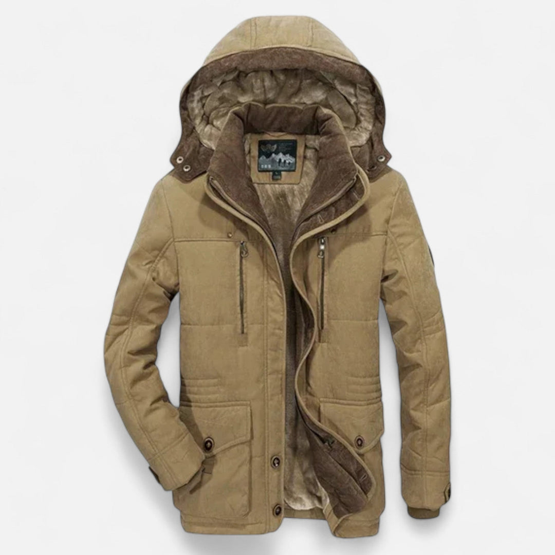 Men's hooded quilted parka with multiple pockets