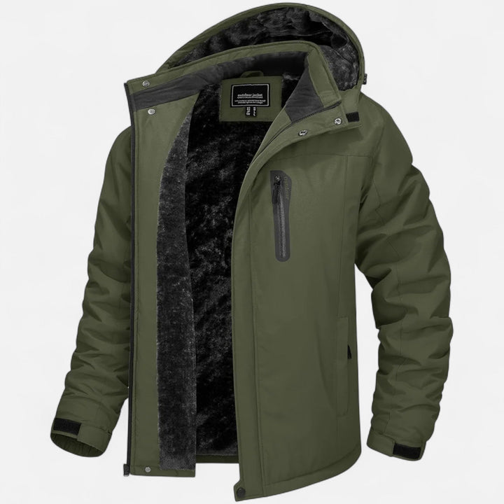 Men's camouflage hooded parka with dark pile-style lining