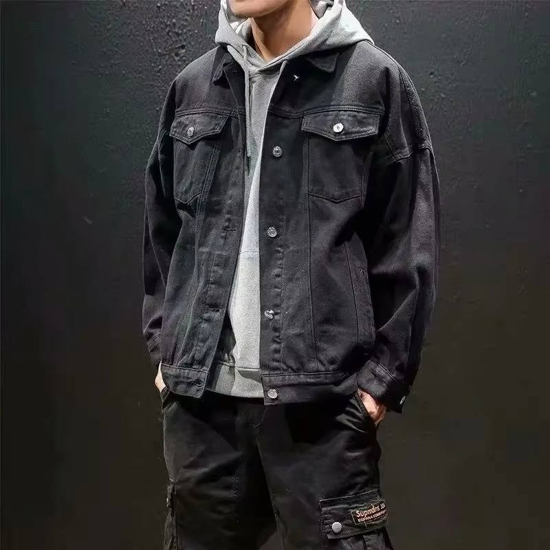 Men's button-front denim jacket with flap chest pockets and long sleeves
