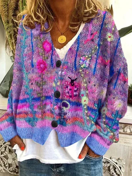 Women's multicolour floral knitted cardigan with V-neck and button fastening