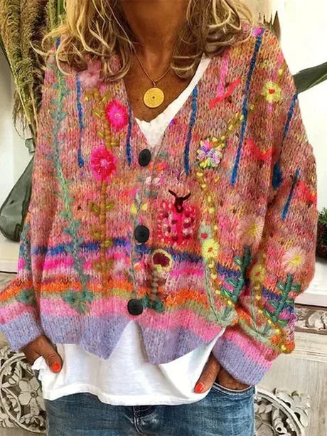 Women's multicolour floral knitted cardigan with V-neck and button fastening