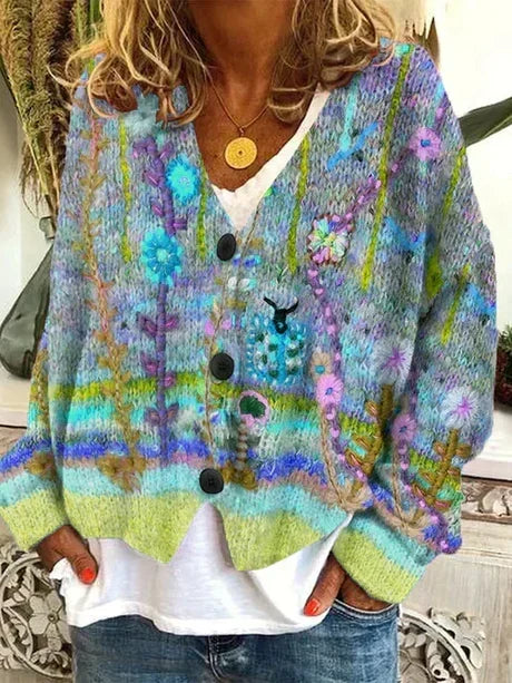 Women's multicolour floral knitted cardigan with V-neck and button fastening