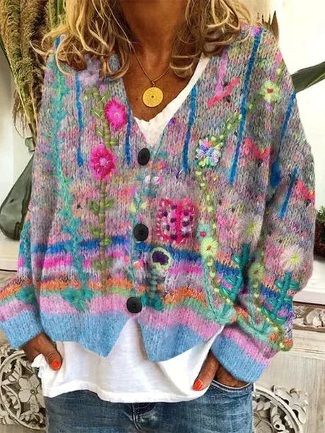 Women's multicolour floral knitted cardigan with V-neck and button fastening