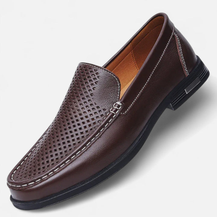 Men's slip-on loafers with perforated moc toe and low heel