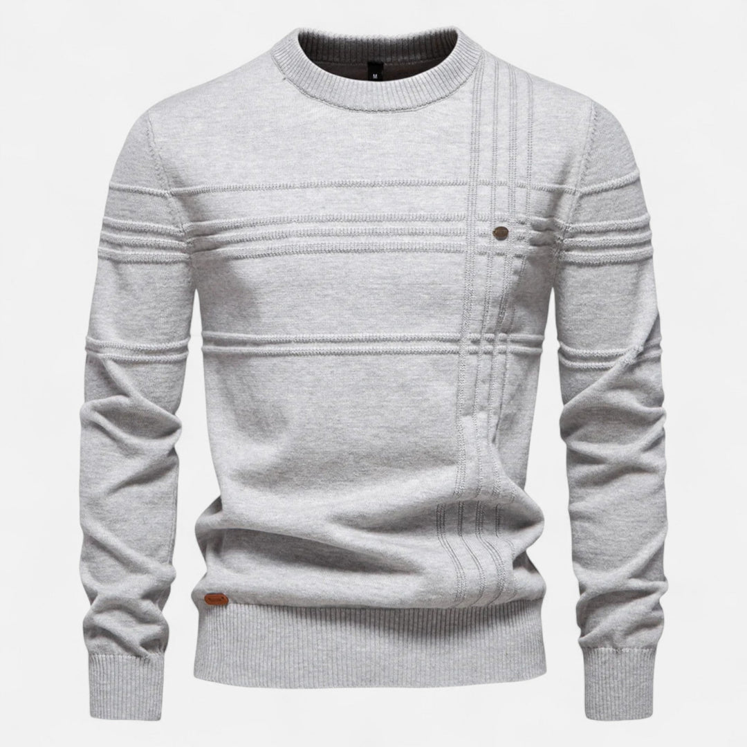 Men's long-sleeve striped crew neck sweater with ribbed trims