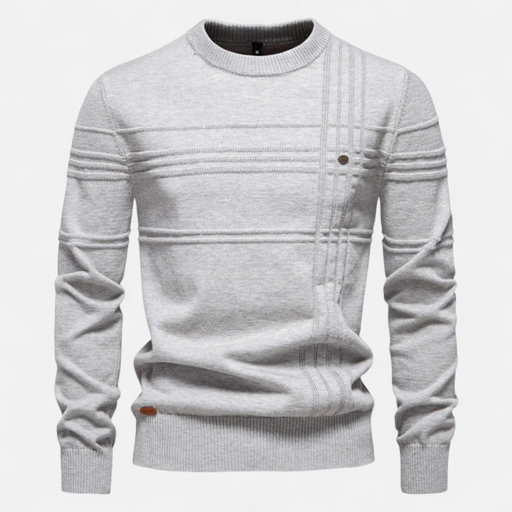 Men's long-sleeve striped crew neck sweater with ribbed trims